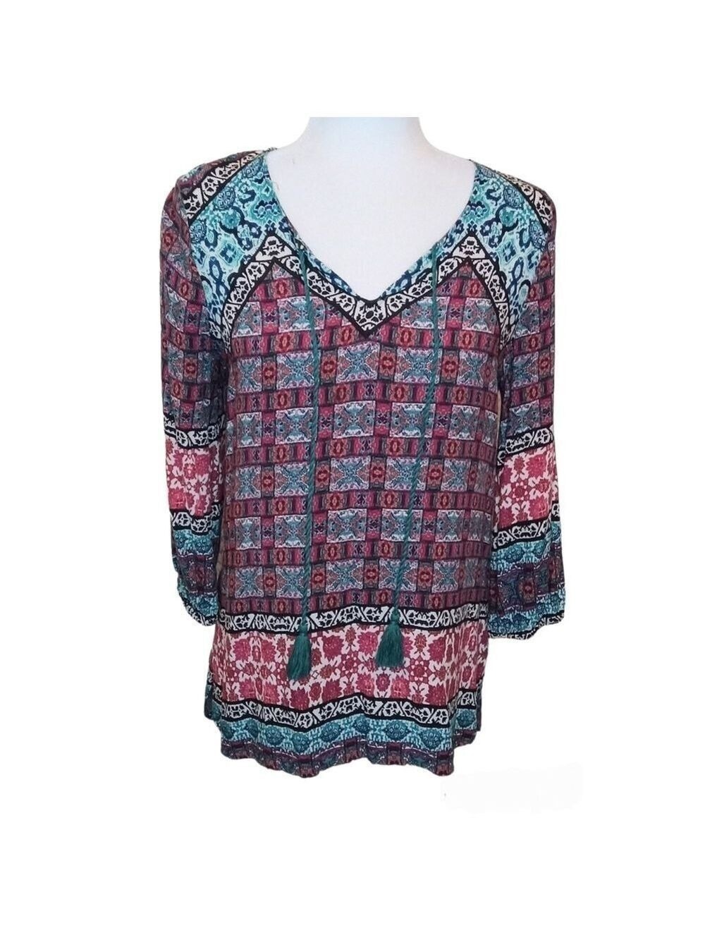 RED CAMEL MULTI-PRINT BOHO TOP/BLOUSE W/LONG BISHOP SLEEVES - SIZE M Ptp 19"